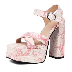 Square Open Toe Chunky Heels Platforms Snake Print Ankle buckle Straps Sandals - Pink Faux Leather