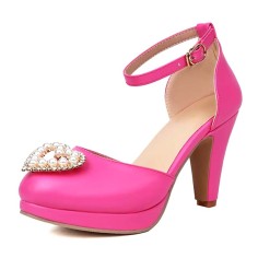 Round Toe Block Heels Love Heart Shaped Pearl Beads Ankle Buckle Straps Sandals - Rose Faux Leather