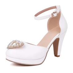 Round Toe Block Heels Love Heart Shaped Pearl Beads Ankle Buckle Straps Sandals - White Faux Leather