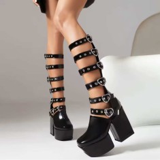 Metal Heart Buckle Square Toe Knee-High Gladiator Boots - Black Patent