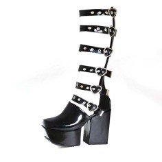 Square Toe Platforms Chunky Heels Heart Shaped Buckle Straps Knee highs Boots - Black Faux Leather & Patent