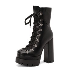 Round Toe Lace Up with Zipper Chunky Heels Ankle High Platforms Punk Boots - Black