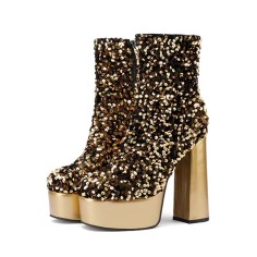 Round Toe Platforms Side Zipper Ankle Highs Bling Style Boots - Gold Sequined Cloth