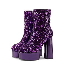 Round Toe Platforms Side Zipper Ankle Highs Bling Style Boots - Purple  Sequined Cloth
