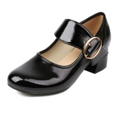 Round Toe Buckle Straps Chunky Heels Mary Janes Pumps - Black