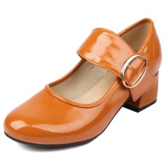 Round Toe Buckle Straps Chunky Heels Mary Janes Pumps - Auburn