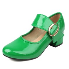 Round Toe Buckle Straps Chunky Heels Mary Janes Pumps - Green