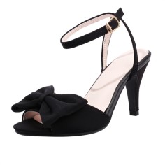Peep Toe Ankle Buckle Straps Bowtied Stiletto Heels Satin Sandals - Black