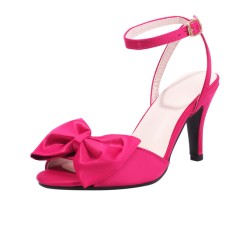 Peep Toe Ankle Buckle Straps Bowtied Stiletto Heels Satin Sandals - Rose Red