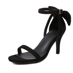 Peep Toe Ankle Buckle Straps Back Ribbon Stiletto Heels Suede Sandals - Black