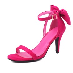 Peep Toe Ankle Buckle Straps Back Ribbon Stiletto Heels Suede Sandals - Rose Red