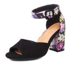 Peep Toe Ankle Buckle Straps Floral Chunky Heels Suede Sandals - Black