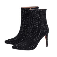 Pointed Toe Stiletto Heels Rhinestone Side Zipper Ankle High Boots - Black