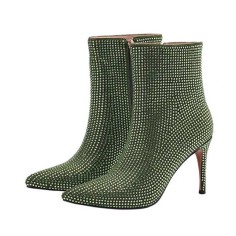 Pointed Toe Stiletto Heels Rhinestone Side Zipper Ankle High Boots - Green