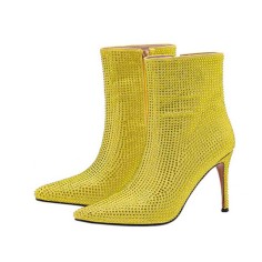Pointed Toe Stiletto Heels Rhinestone Side Zipper Ankle High Boots - Yellow