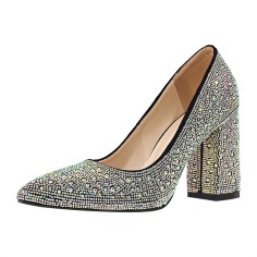 Pointed Toe Chunky Heels Rhinestones Pumps - Black
