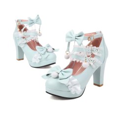 Round Toe Chunky Heels Butterfly Knot Shallow French Maid Costumes Vintage Ankle Buckle Straps Pumps - Blue
