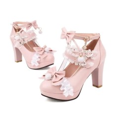 Round Toe Chunky Heels Butterfly Knot Shallow French Maid Costumes Vintage Ankle Buckle Straps Pumps - Pink