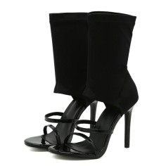 Peep Toe Stiletto Heels Ankle Highs Stretch Fabric Spring and Fall Sandals Boots - Black