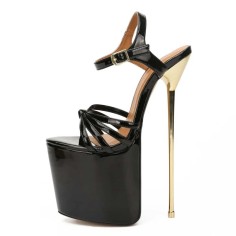 Knotted Peep Toe Ankle buckle Straps Point Metal Heels Platforms Sandals Pumps - Black Patent