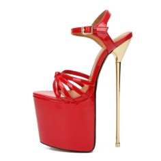 Knotted Peep Toe Ankle buckle Straps Point Metal Heels Platforms Sandals Pumps - Red Patent