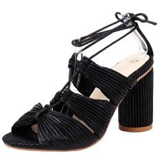 Peep Toe Chunky Heels Gladiators Ankle Straps Glitters Lace Up Sandals - Black