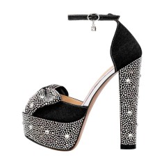 Peep Toe Square Heels Ankle Straps Denim Rhinestones Platforms Pumps - Black