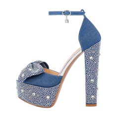 Peep Toe Square Heels Ankle Straps Denim Rhinestones Platforms Pumps - Blue