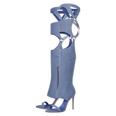 Peep Toe Stiletto Heels Sexy Straps Over The Knee Sandals Pumps - Blue