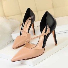 Pointed Toe Stiletto Heels Elegant Cross Straps Double Colors Pumps - Apricot Faux Leather