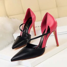 Pointed Toe Stiletto Heels Elegant Cross Straps Double Colors Pumps - Black Faux Leather