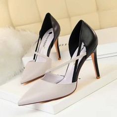Pointed Toe Stiletto Heels Elegant Cross Straps Double Colors Pumps - Gray Faux Leather