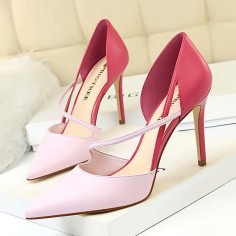 Pointed Toe Stiletto Heels Elegant Cross Straps Double Colors Pumps - Pink Faux Leather