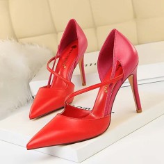 Pointed Toe Stiletto Heels Elegant Cross Straps Double Colors Pumps - Red Faux Leather
