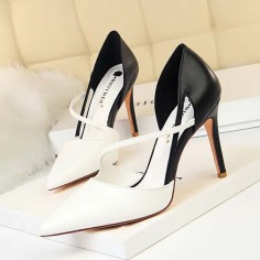 Pointed Toe Stiletto Heels Elegant Cross Straps Double Colors Pumps - White Faux Leather