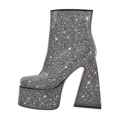 Square Toe Chunky Heels Side Zipper Platforms Ankle Highs Rhinestones Boots - Black