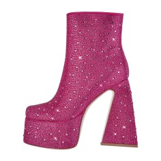 Square Toe Chunky Heels Side Zipper Platforms Ankle Highs Rhinestones Boots - Hot Pink