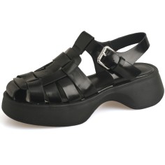 Round Toe Comfortable Ankle Buckle Straps Summer Leather Sandals - Black