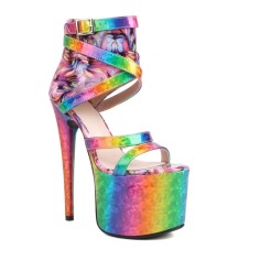 Peep Toe Stiletto Heels Colorful Ankle Buckle Straps Platforms Club Dance Pumps - Purple
