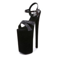 Peep Toe Stiletto Heels Sequined Ankle Buckle Cross Straps Platforms Pumps - Black