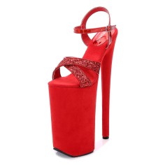 Peep Toe Stiletto Heels Sequined Ankle Buckle Cross Straps Platforms Pumps - Red