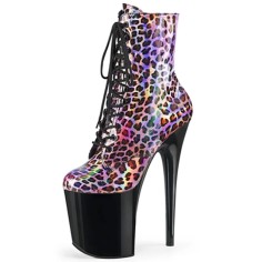 Round Toe Stiletto Heels Predator Leopard Lace Up Platforms Ankle Highs Boots - Pink
