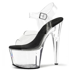 Peep Toe Stiletto Heels Transparent PVC Ankle Buckle Straps Platforms Pumps - Black