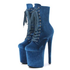 Round Toe Stiletto Heels Suede Lace Up Platforms Ankle Highs Boots - Blue