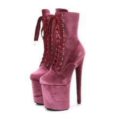 Round Toe Stiletto Heels Suede Lace Up Platforms Ankle Highs Boots - Pale Violet Red