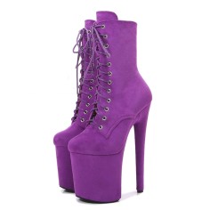 Round Toe Stiletto Heels Suede Lace Up Platforms Ankle Highs Boots - Purple