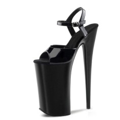 Peep Toe Stiletto Heels Glossy Ankle Buckle Straps Platforms Pumps - Black