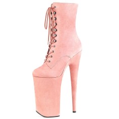 Round Toe Stiletto Heels Lace Up Platforms Ankle Highs Boots - Pink
