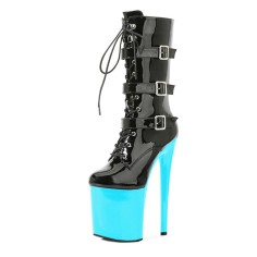 Round Toe Stiletto Heels Gothic Lace Up Three Belt Buckle Straps Platforms Ankle Highs Boots - Black Light Blue