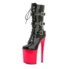 Round Toe Stiletto Heels Gothic Lace Up Three Belt Buckle Straps Platforms Ankle Highs Boots - Black Red